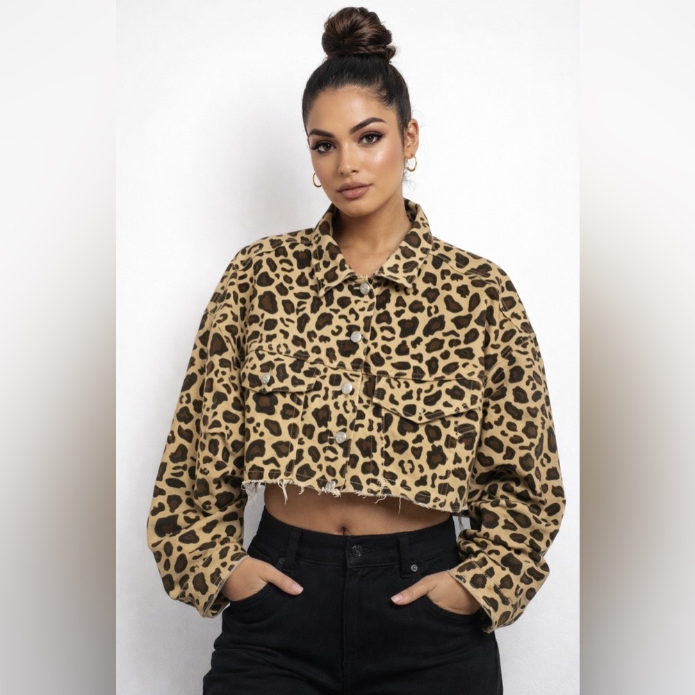 Leopard Print Cropped Jean Jacket Kosmios Cotton